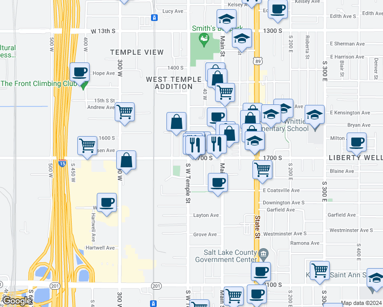 map of restaurants, bars, coffee shops, grocery stores, and more near 1634 South West Temple in Salt Lake City