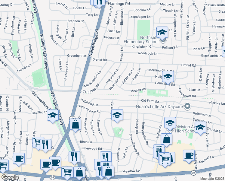 map of restaurants, bars, coffee shops, grocery stores, and more near 29 Hyacinth Road in Levittown