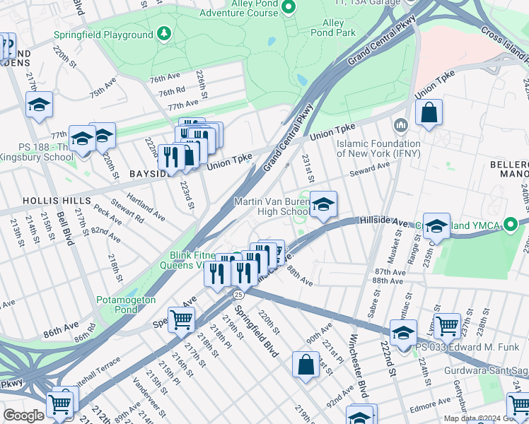 map of restaurants, bars, coffee shops, grocery stores, and more near 25 Stronghurst Avenue in Queens
