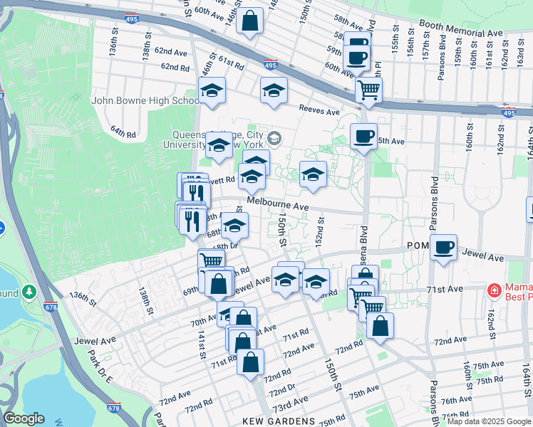 map of restaurants, bars, coffee shops, grocery stores, and more near 149-20 Melbourne Avenue in Queens