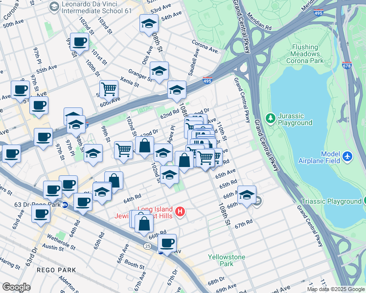 map of restaurants, bars, coffee shops, grocery stores, and more near 105-42 63rd Road in Queens