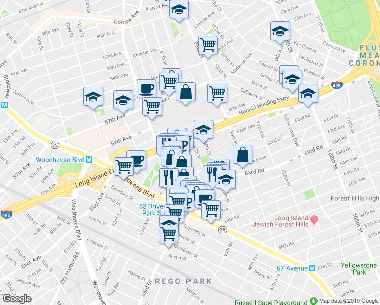 map of restaurants, bars, coffee shops, grocery stores, and more near 61-15 97th Street in Queens
