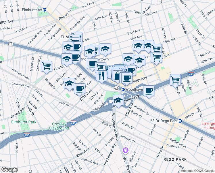 map of restaurants, bars, coffee shops, grocery stores, and more near in Queens