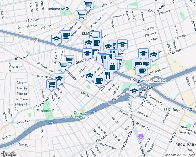 map of restaurants, bars, coffee shops, grocery stores, and more near 86-40 55th Road in Queens