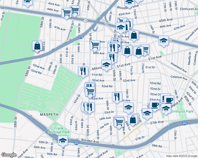 map of restaurants, bars, coffee shops, grocery stores, and more near 51-39 66th Street in Queens
