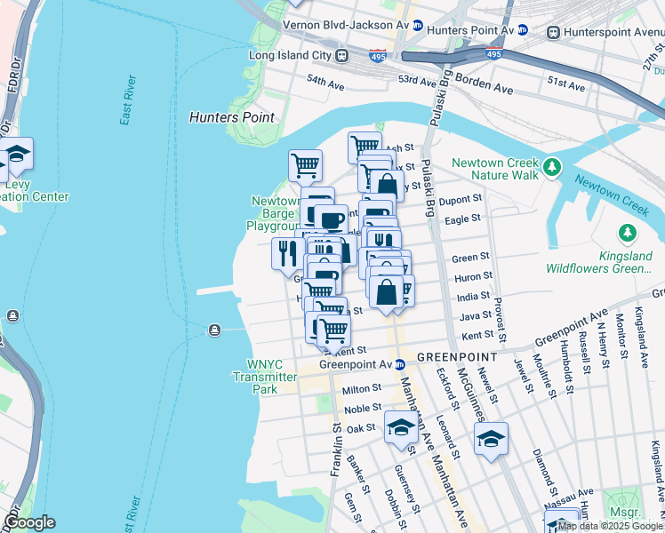 map of restaurants, bars, coffee shops, grocery stores, and more near 100 Freeman Street in Brooklyn