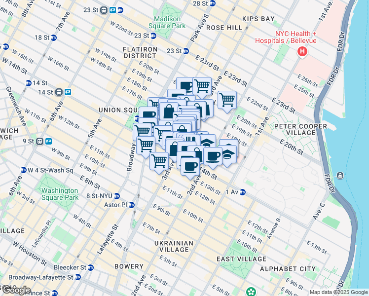map of restaurants, bars, coffee shops, grocery stores, and more near 207 East 15th Street in New York