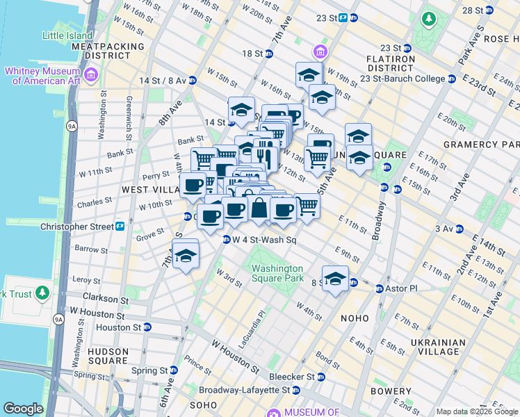 map of restaurants, bars, coffee shops, grocery stores, and more near 53 West 9th Street in New York