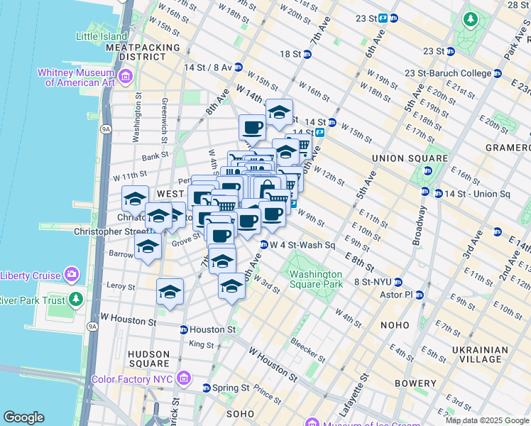 map of restaurants, bars, coffee shops, grocery stores, and more near 169 Waverly Place in New York