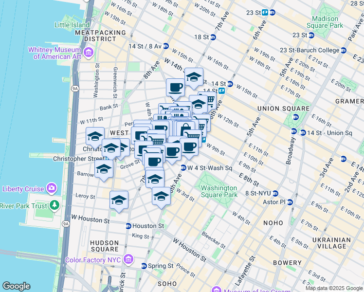 map of restaurants, bars, coffee shops, grocery stores, and more near 169 Waverly Place in New York