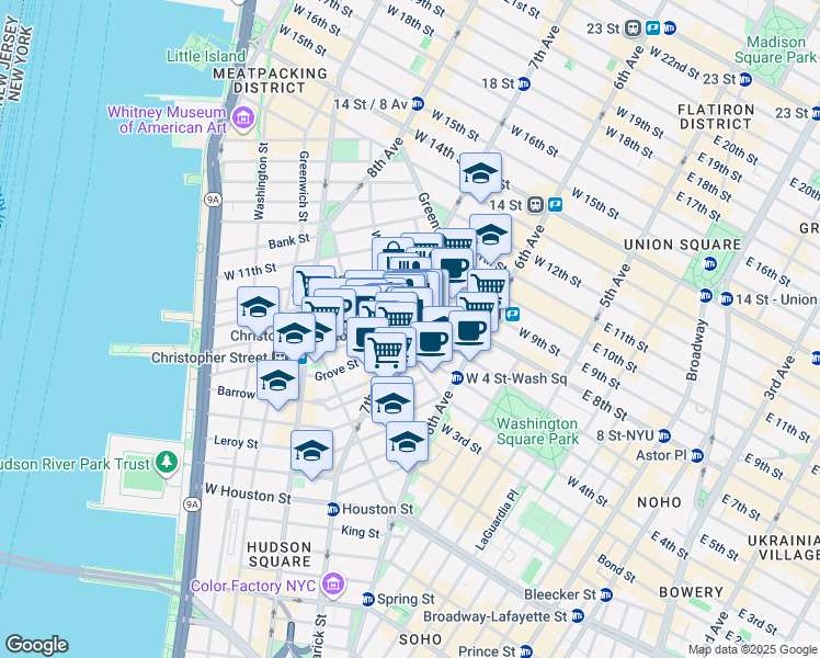 map of restaurants, bars, coffee shops, grocery stores, and more near in New York