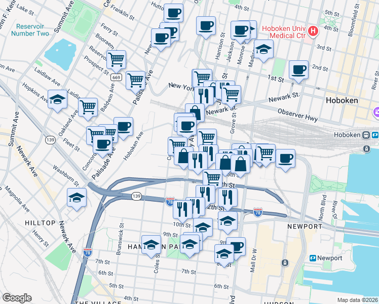 map of restaurants, bars, coffee shops, grocery stores, and more near 825 Jersey Avenue in Jersey City