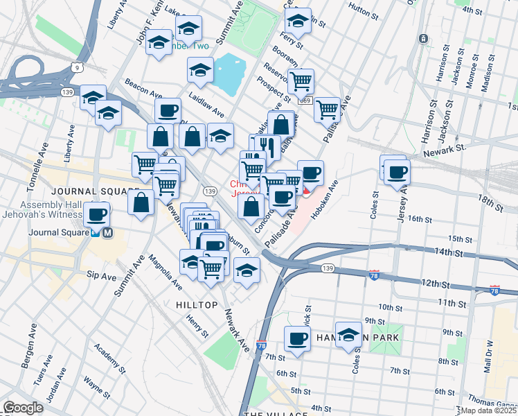 map of restaurants, bars, coffee shops, grocery stores, and more near 46 Fleet Street in Jersey City