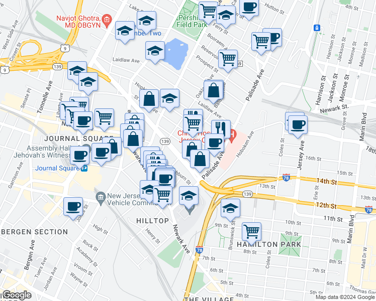 map of restaurants, bars, coffee shops, grocery stores, and more near 46 Fleet Street in Jersey City