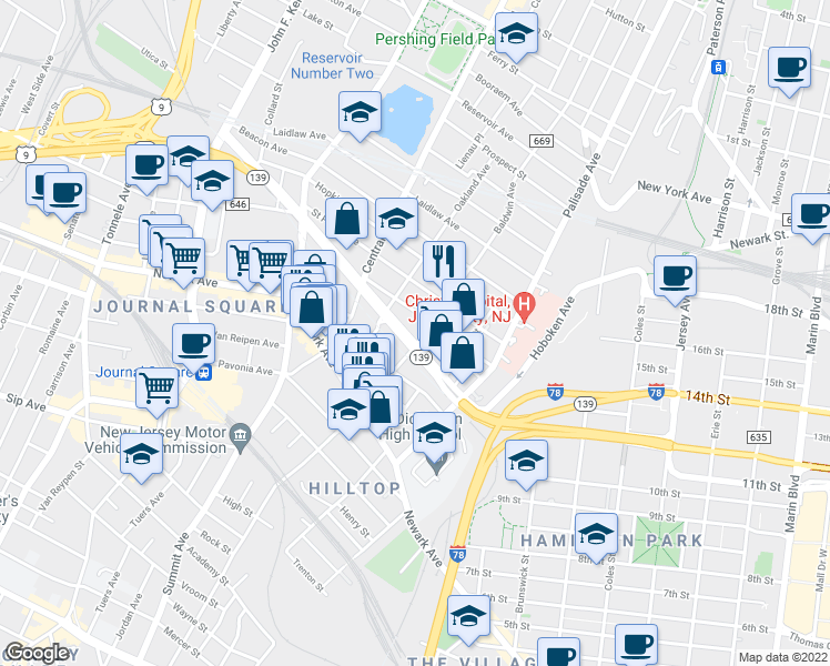 map of restaurants, bars, coffee shops, grocery stores, and more near 366 Hoboken Avenue in Jersey City