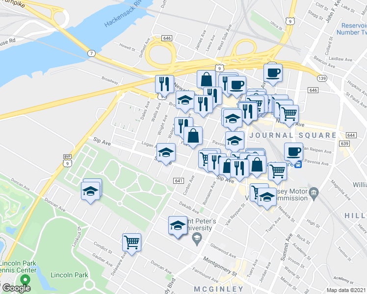 map of restaurants, bars, coffee shops, grocery stores, and more near 27 Fox Place in Jersey City