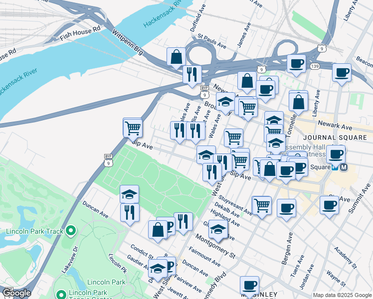 map of restaurants, bars, coffee shops, grocery stores, and more near 83 Logan Avenue in Jersey City