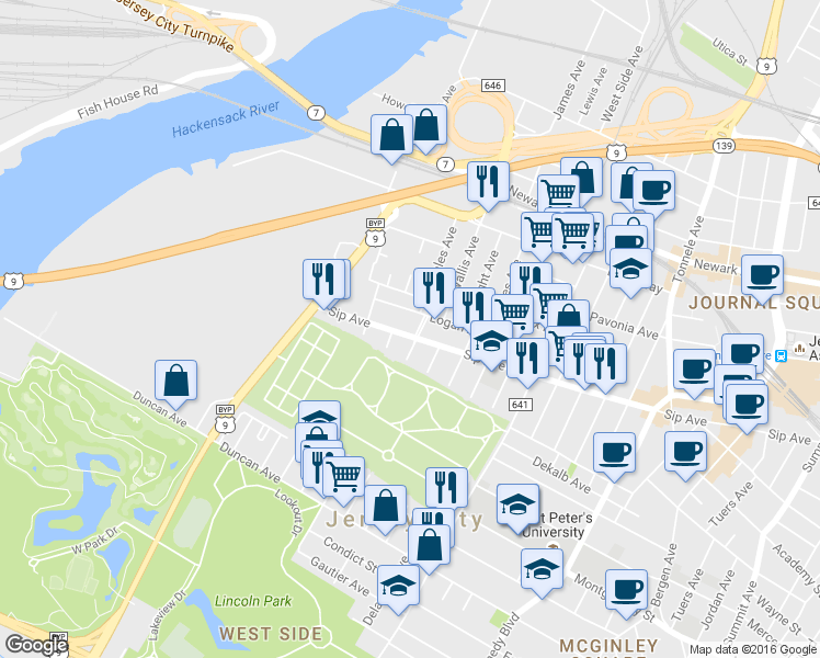 map of restaurants, bars, coffee shops, grocery stores, and more near 111 Logan Avenue in Jersey City
