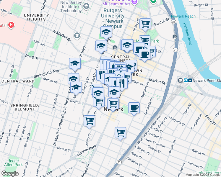 map of restaurants, bars, coffee shops, grocery stores, and more near in Newark
