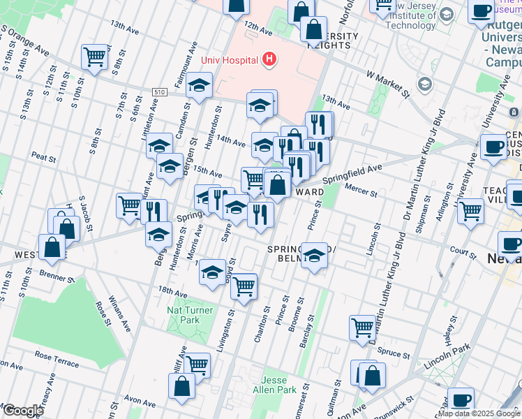 map of restaurants, bars, coffee shops, grocery stores, and more near 17 Livingston Street in Newark