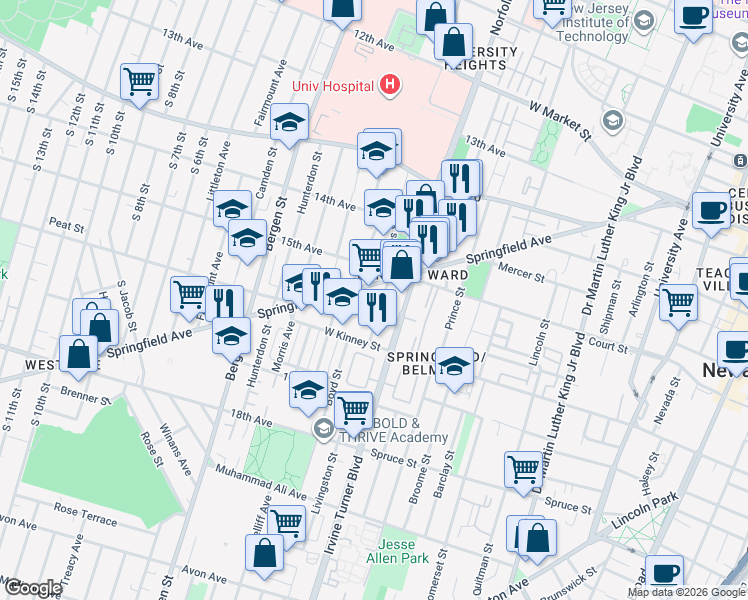 map of restaurants, bars, coffee shops, grocery stores, and more near 17 Livingston Street in Newark