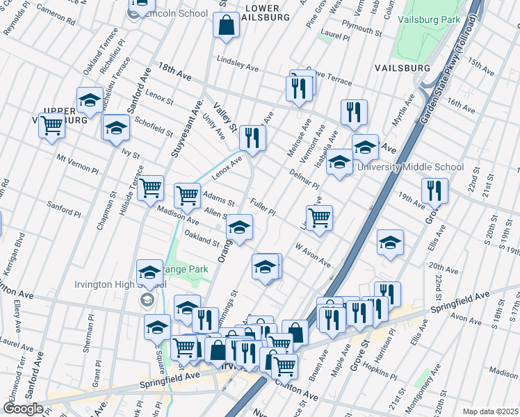 map of restaurants, bars, coffee shops, grocery stores, and more near 96 Fuller Place in Irvington