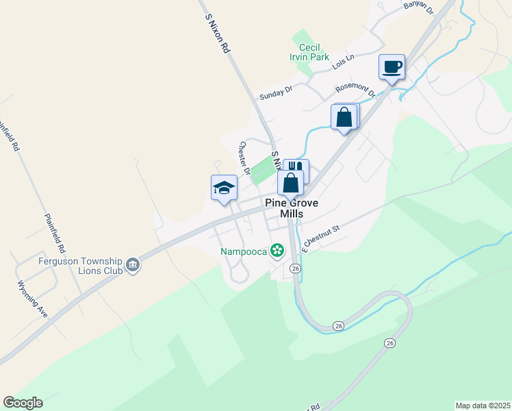 map of restaurants, bars, coffee shops, grocery stores, and more near N Kirk St in Pine Grove Mills