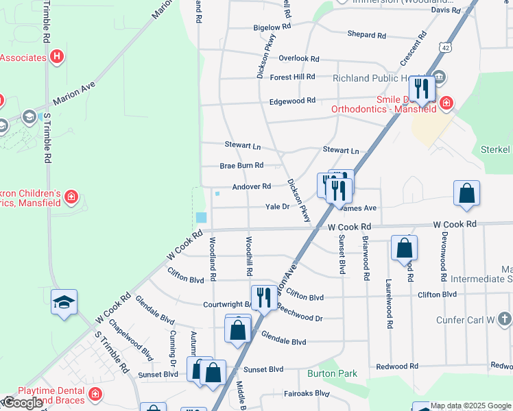 map of restaurants, bars, coffee shops, grocery stores, and more near 907 Woodhill Rd in Mansfield