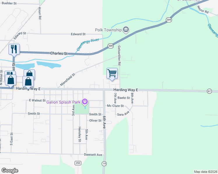 map of restaurants, bars, coffee shops, grocery stores, and more near 1330 Harding Way East in Galion
