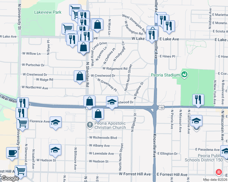 map of restaurants, bars, coffee shops, grocery stores, and more near 418 West Greenway Place in Peoria