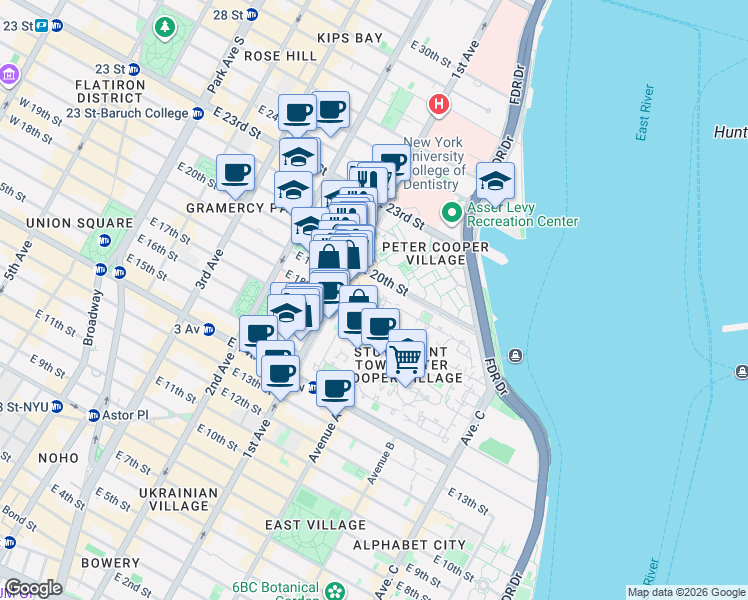 map of restaurants, bars, coffee shops, grocery stores, and more near 252 1st Avenue in New York