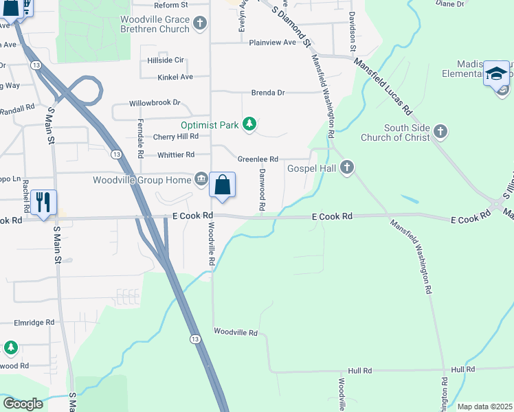 map of restaurants, bars, coffee shops, grocery stores, and more near 912 Danwood Road in Mansfield