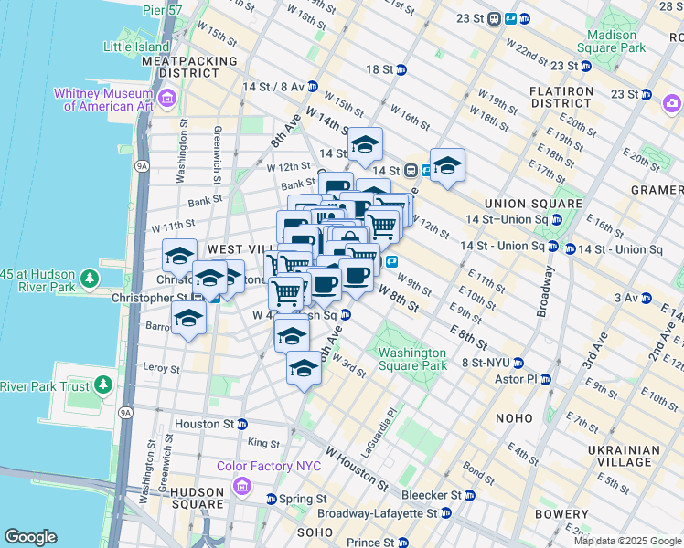 map of restaurants, bars, coffee shops, grocery stores, and more near 169 Waverly Place in New York