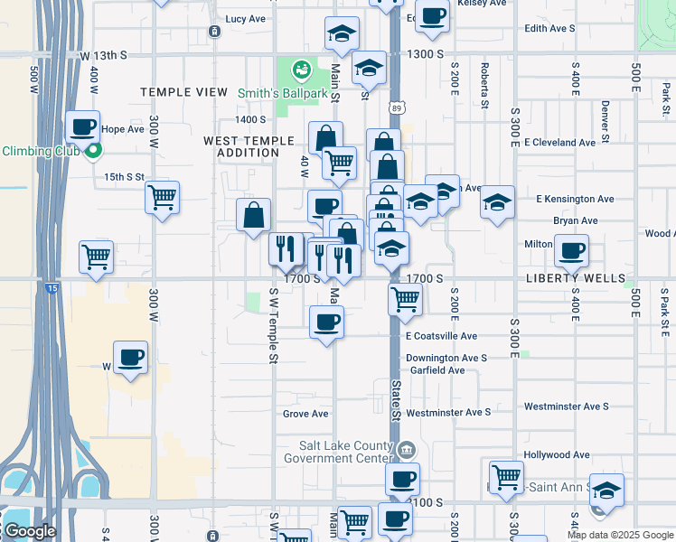 map of restaurants, bars, coffee shops, grocery stores, and more near 3 1700 South in Salt Lake City