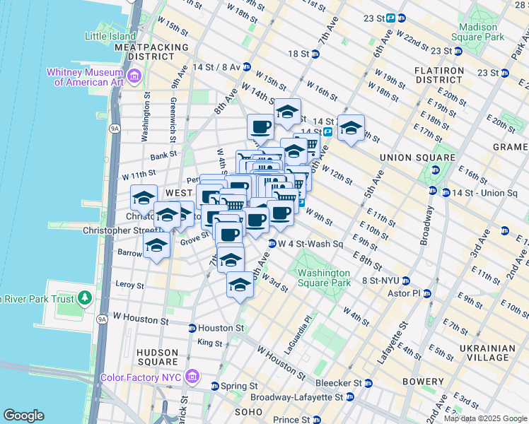 map of restaurants, bars, coffee shops, grocery stores, and more near in New York