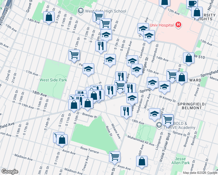 map of restaurants, bars, coffee shops, grocery stores, and more near 394 South 6th Street in Newark