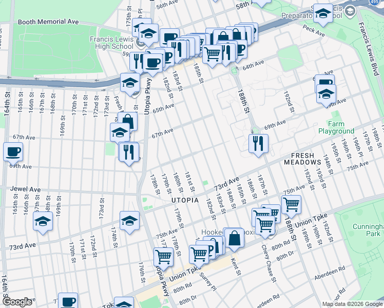 map of restaurants, bars, coffee shops, grocery stores, and more near 69th Avenue in Queens