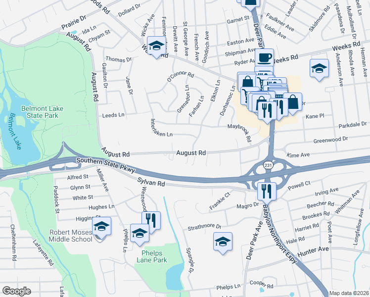 map of restaurants, bars, coffee shops, grocery stores, and more near 86 Elkton Lane in North Babylon