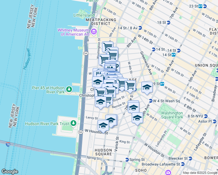 map of restaurants, bars, coffee shops, grocery stores, and more near 255 West 10th Street in New York