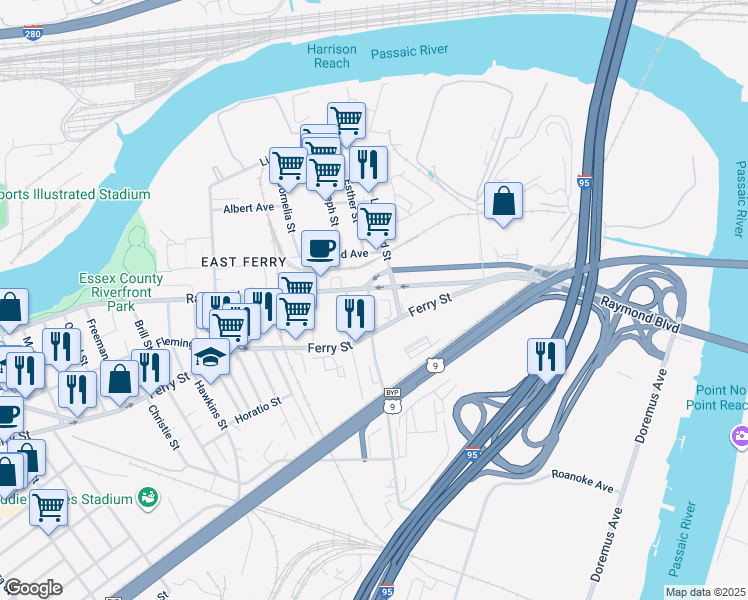 map of restaurants, bars, coffee shops, grocery stores, and more near 10 Foundry Street in Newark