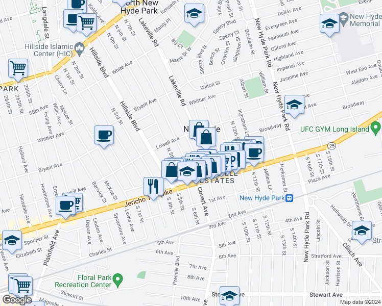 map of restaurants, bars, coffee shops, grocery stores, and more near 131 North 7th Street in New Hyde Park