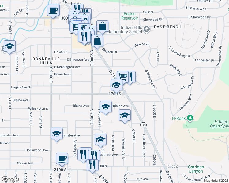 map of restaurants, bars, coffee shops, grocery stores, and more near 2400 Logan Avenue South in Salt Lake City
