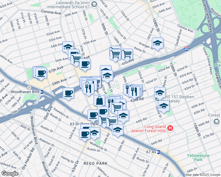 map of restaurants, bars, coffee shops, grocery stores, and more near 61-55 98th Street in Queens