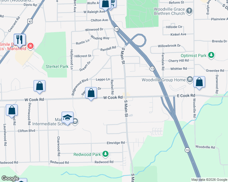 map of restaurants, bars, coffee shops, grocery stores, and more near 43 Rambleside Drive in Mansfield