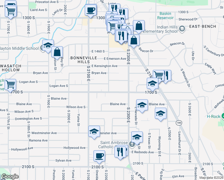 map of restaurants, bars, coffee shops, grocery stores, and more near 2209 East 1700 South in Salt Lake City