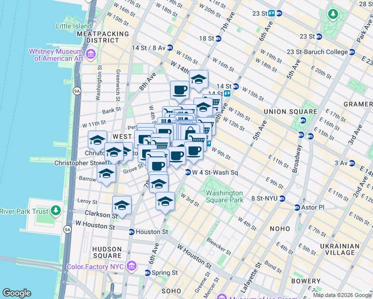 map of restaurants, bars, coffee shops, grocery stores, and more near 169 Waverly Place in New York