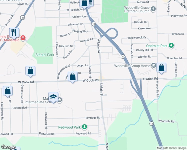map of restaurants, bars, coffee shops, grocery stores, and more near 43 Rambleside Drive in Mansfield