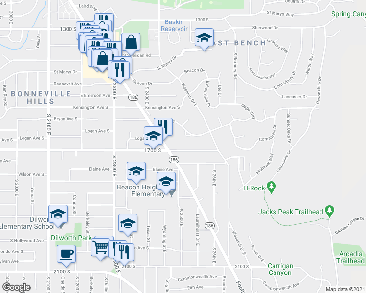 map of restaurants, bars, coffee shops, grocery stores, and more near 2503 East 1700 South in Salt Lake City