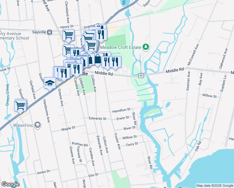 map of restaurants, bars, coffee shops, grocery stores, and more near 28 Pine Street in Sayville