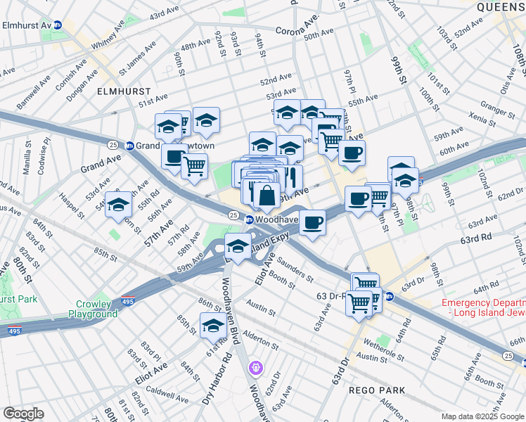 map of restaurants, bars, coffee shops, grocery stores, and more near 91-22 59th Avenue in Queens